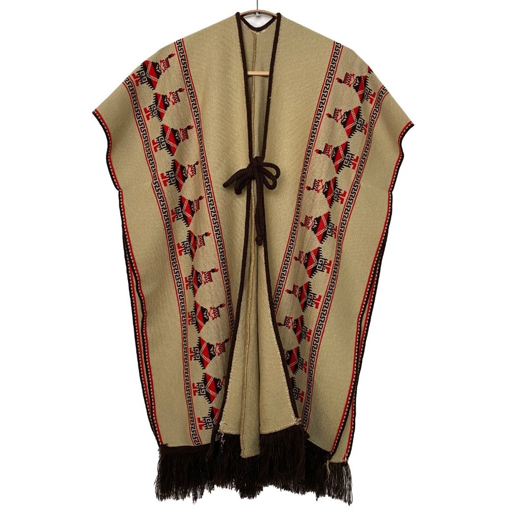 Vintage 70s Poncho Women L Tan Red Brown Peruvian Blanket Shawl Fringe Bohemian